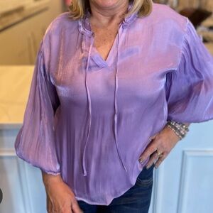 Fate Metallic Satin Tie Neck Puff Sleeve Lavender Ruffled Women's Top